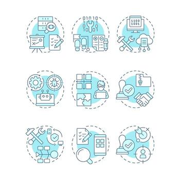 Software development and testing soft blue concept icons. Test planning, user experience. Icon pack. Round shape illustrations for infographic, presentation. Abstract idea vector