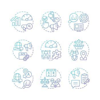 Search engine marketing blue gradient concept icons. Customer experience, statistical analysis. Icon pack. Round shape illustrations for presentation, infographic. Abstract idea vector