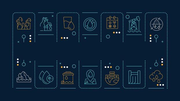 Water scarcity dark blue word concept. Problems with access to freshwater. Environment damage. Horizontal image. Headline text surrounded by editable outline icons vector