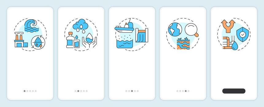 Strategies for increasing water supply onboarding mobile app screen. Walkthrough 5 steps editable graphic instructions with linear concepts. UI, UX, GUI vector