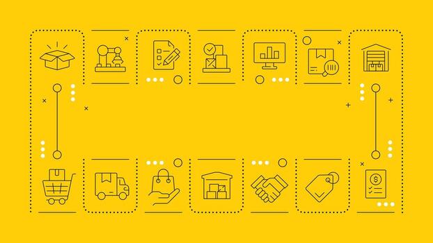 Inventory management yellow word concept. Efficient planning of company supplies usage. Horizontal image. Headline text surrounded by editable outline icons vector