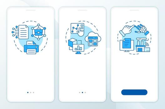 Digital practices blue onboarding mobile app screen. Statistical analysis. Walkthrough 3 steps editable graphic instructions with linear concepts. UI, UX, GUI vector
