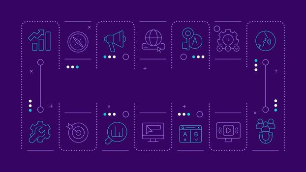 What is SEM purple word concept. Lead generation, analytics. Artificial intelligence. Horizontal image. Headline text surrounded by editable outline icons vector