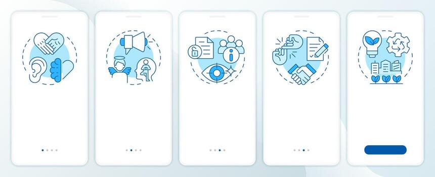 Corporate social responsibility pillars blue onboarding mobile app screen. Walkthrough 5 steps editable graphic instructions with linear concepts. UI, UX, GUI vector