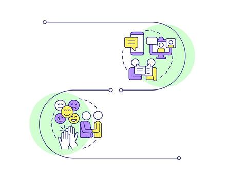 Communication types infographic vertical sequence. Social interaction, networking. Visualization infochart with 2 steps. Circles workflow vector