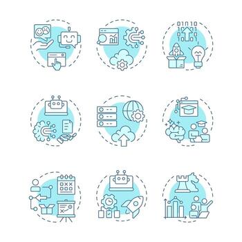 Digital transformation soft blue concept icons. Business innovation, cloud technology. Icon pack. Round shape illustrations for infographic, presentation. Abstract idea vector