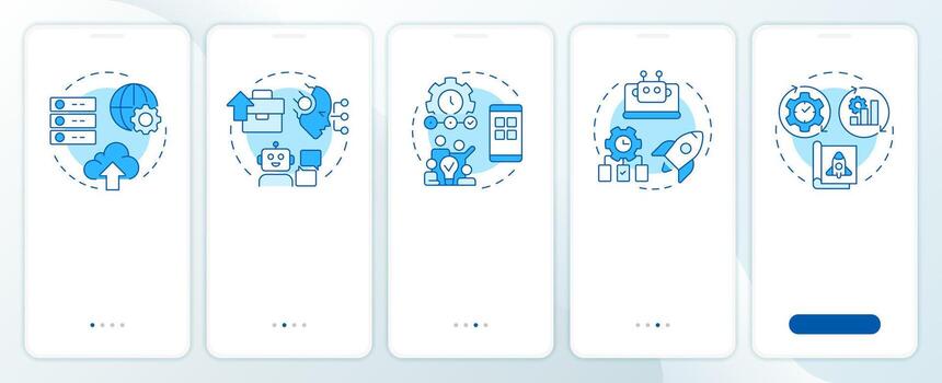 Digital transformation benefits blue onboarding mobile app screen. Walkthrough 5 steps editable graphic instructions with linear concepts. UI, UX, GUI vector
