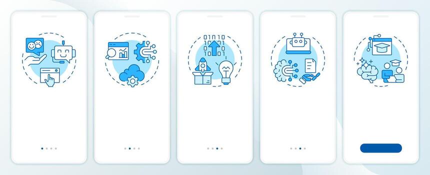 Digital transformation examples blue onboarding mobile app screen. Walkthrough 5 steps editable graphic instructions with linear concepts. UI, UX, GUI vector
