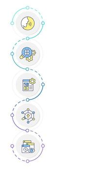 SEO optimization infographic design template. Voice search. Marketing campaign, methodology. Data visualization 5 options. Process vertical flow chart vector