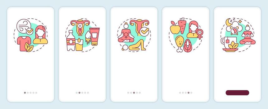 Menopause prevention onboarding mobile app screen. Age changes. Walkthrough 5 steps editable graphic instructions with linear concepts. UI, UX, GUI vector