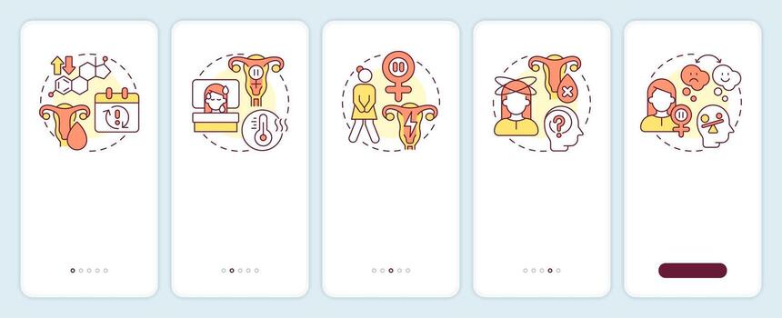 síntomas de menopausia inducción móvil aplicación pantalla. ginecología. recorrido 5 5 pasos editable gráfico instrucciones con lineal conceptos. ui, ux, gui vector