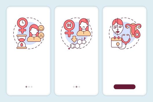 etapas de menopausia inducción móvil aplicación pantalla. mujer salud. recorrido 3 pasos editable gráfico instrucciones con lineal conceptos. ui, ux, gui vector