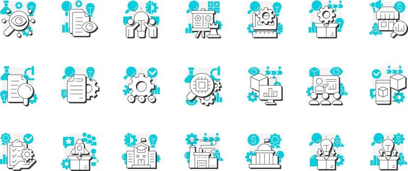 Research and development management flat outline concept icons bundle. Innovations for organization growth. Strategy. Modern line illustrations with teal glyphs. Conceptual visual. Easy to edit vector