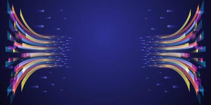 Futuristic background with glowing arrows and flowing gradients of pink, orange, yellow, and blue, creating motion and modern tech vibes. vector