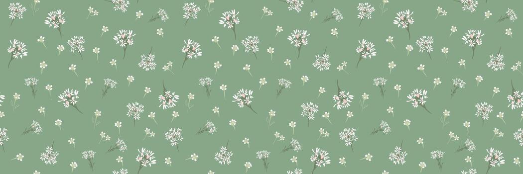 Seamless floral pattern with delicate white and pink wildflowers on a soft green background. Template for fabric, wallpaper, wrapping paper, and spring design projects vector