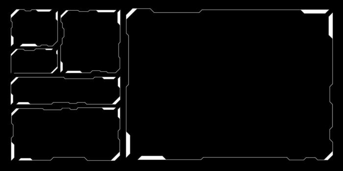Cyberpunk HUD box elements with futuristic UI frames and digital interface overlays. Sci fi hologram borders and glitch effects for game screens or VR designs. Modern data dashboards. vector