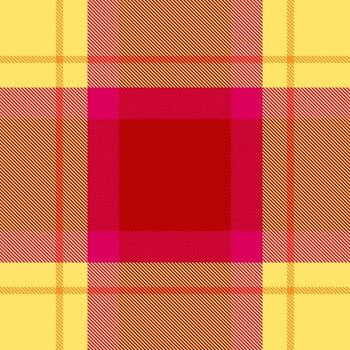 Vibrant plaid pattern with intersecting lines of red, yellow, and pink. Classic textile design, suitable for backgrounds, textures, or decorative elements. vector