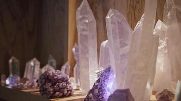 fantastisk visa av olika kristaller, visa upp invecklad former och vibrerande färger, upplyst förbi mjuk belysning, skapande en fascinerande visuell erfarenhet av naturlig skönhet video