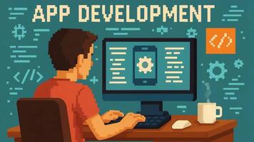 pixel arte ilustração do uma masculino desenvolvedor acionado dentro aplicativo desenvolvimento, focado em codificação e projeto, exibindo criatividade e técnico Habilidades dentro uma vibrante área de trabalho video