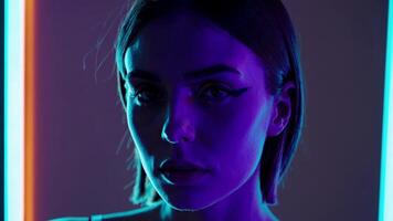travolgente femmina modello con Impressionante trucco, illuminato di vivace neon luci, in mostra un' dinamico espressione e in evoluzione colori nel un' visivamente coinvolgente sequenza di movimento video