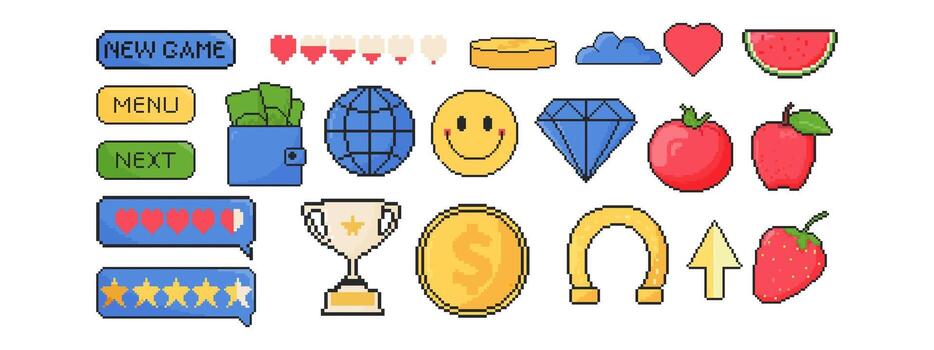 Colorful pixel game icons collection vector