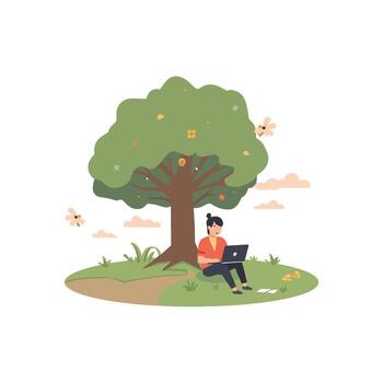 Student Study Time Under Tree Embracing Online Learning and Homework Help for School Project Success in Education Concept vector