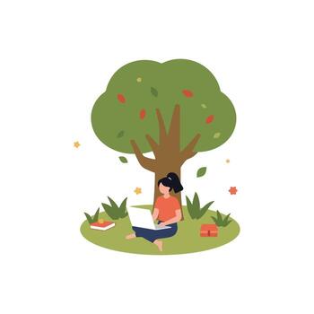 A focused student engages in online learning and homework under a serene tree, embodying dedicated study time and academic pursuit for educational development vector