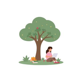 Student engaging in dedicated study time, utilizing online learning resources and book reading under a peaceful apple tree, highlighting academic pursuit and education concept vector