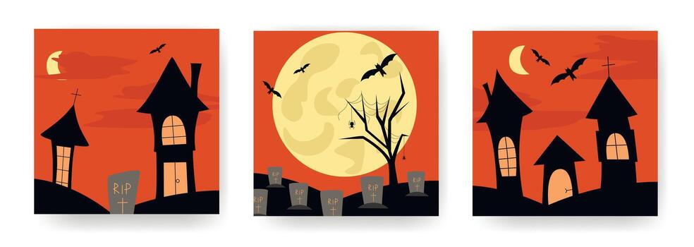 Set of cards with Halloween themed designs. Haunted houses, twisted tree with cobwebs and spiders, tombstones, and bats. Square templates for posts, postcards, and flyers, graphics vector