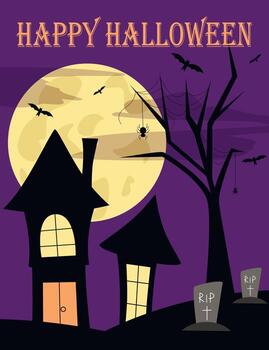 Halloween-themed card, graphics. Layout includes houses, full moon, dead tree with spiderweb, graves, and bats. Greeting text Happy Halloween with night illustration vector