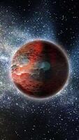 dentro profundo espaço, uma planeta órbitas com uma rochoso, texturizado superfície e meteorito crateras. video