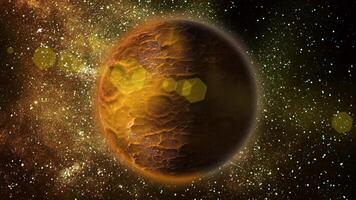 un planeta con un rocoso, texturizado superficie y meteorito cráteres órbitas en interminable espacio. video