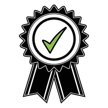 Award ribbon seal icon with green check mark for quality and approval recognition award seal flat vector