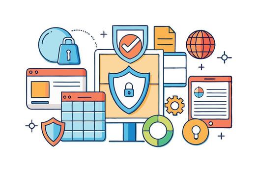digital safety icons including locks, shields, devices, documents, and a computer, representing secure internet browsing and data protection vector