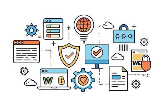 web security, featuring protection, encryption, lock, and shield symbols designed for cybersecurity and online safety applications vector