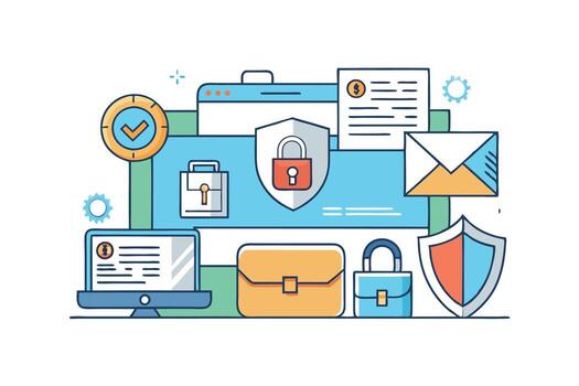 Cybersecurity icons featuring digital devices, locks, shields, and secure files, illustrating privacy, data protection, and internet safety in a vibrant design vector