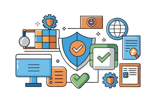 Digital security and online protection icons with a variety of tools, including shields, locks, and devices, illustrating safe browsing, data encryption, and internet privacy vector