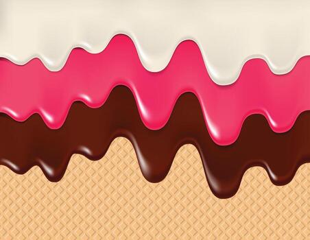 3d chocolate and white vanilla and pink ice cream melted on waffle background. Seamless pattern sweet ice cream flowing down on cone. Wafer texture and dripping dessert vector
