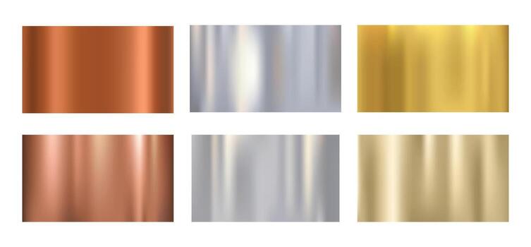 Gold, silver and golden foil texture gradation background set. shiny and metallic gradient collection for border, frame, ribbon, label design. vector
