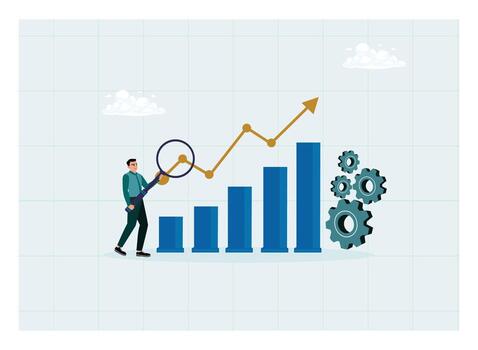 Entrepreneurs use magnifying glass to analyze business growth charts and data progress. vector