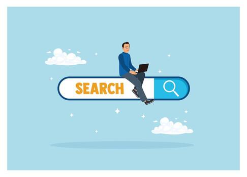 hombre trabajando con ordenador portátil computadora en buscar caja. vector