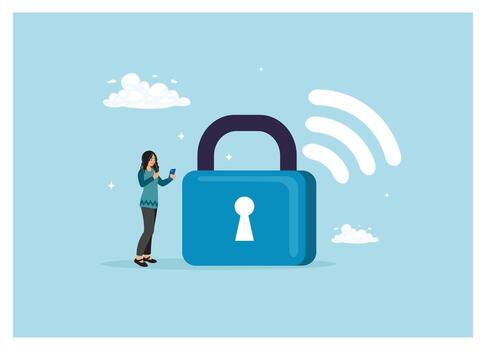 mujer utilizando móvil teléfono conectado a Wifi con inalámbrico seguridad. vector