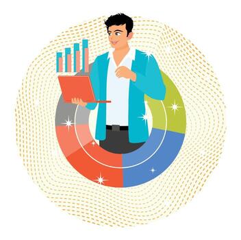 Marketing analysis chart diagram concept. Professional Man Presenting Data analysis With Laptop. vector