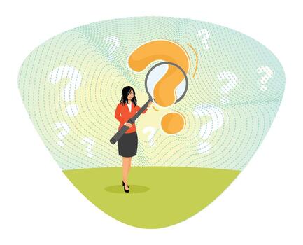 problema análisis concepto. mujer de negocios analizar pregunta marca con aumentador vaso. vector