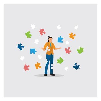 Risk Management Concept. Confident Man Stands Among Puzzle Pieces, Symbolizing Problem Solving. vector