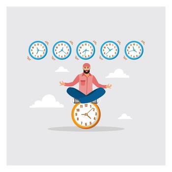 Expertise Concept. Man Meditates On Time With Clocks in Difference Time. vector