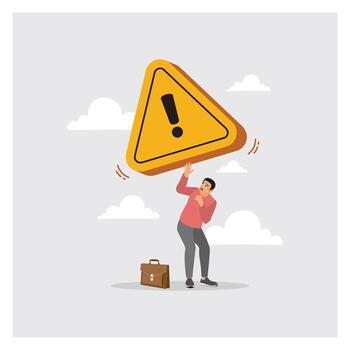 Challenge to Success Concept. Man Struggling With a Giant Warning Sign for Mistake Attention. vector