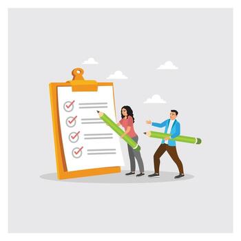 Team reviewing checklist with large pencils vector