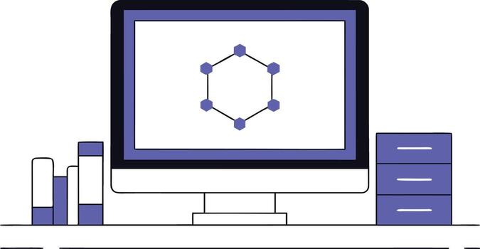 Arte de escritorio computadora mostrando un hexagonal molecular estructura vector
