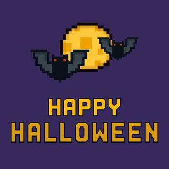 píxel Arte Víspera de Todos los Santos saludo tarjeta con murciélagos volador en frente de un lleno Luna vector